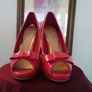 Red Peep toe heels